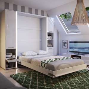 Cyan Small Double Bed With Storage Wall Vertical In Matt White LED - UK