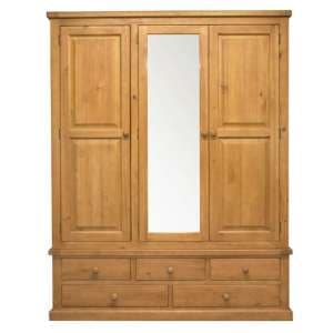 Cyprian Wooden Triple Door Wardrobe In Chunky Pine With Mirror - UK
