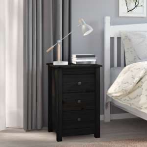 Danik Pine Wood Bedside Cabinet With 3 Drawers In Black - UK