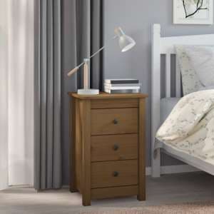 Danik Pine Wood Bedside Cabinet With 3 Drawers In Honey Brown - UK