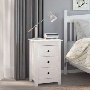 Danik Pine Wood Bedside Cabinet With 3 Drawers In White - UK