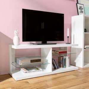 Darby Modern TV Stand In White High Gloss With Glass Shelves