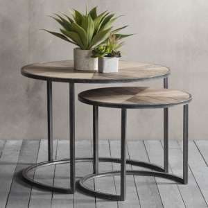 Daugla Wooden Set Of 2 Coffee Tables With Metal Base In Natural - UK