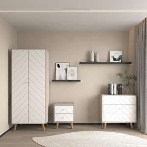 Davis Wooden Bedroom Set With Wardrobe In Dusty Grey And White