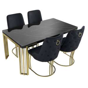 Davos Dining Table Black Gold 4 Brixen Black Velvet Chairs - UK