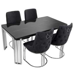 Davos Dining Table Black Silver 4 Brixen Black Velvet Chairs - UK