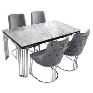Davos Dining Table Grey Silver 4 Brixen Grey Velvet Chairs - UK