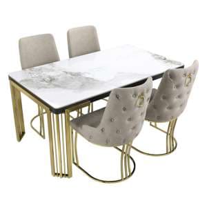 Davos Dining Table White Gold 4 Brixen Beige Faux Leather Chairs - UK