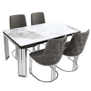Davos Dining Table White Silver 4 Brixen Grey Faux Leather Chairs - UK