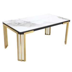 Davos Sintered Stone Dining Table In White With Gold Frame - UK