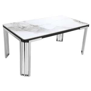 Davos Sintered Stone Dining Table In White With Silver Frame - UK