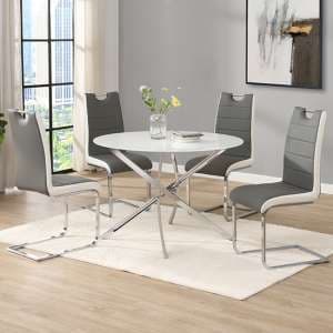 Daytona Round Diva Glass Dining Table 4 Petra Grey White Chairs - UK