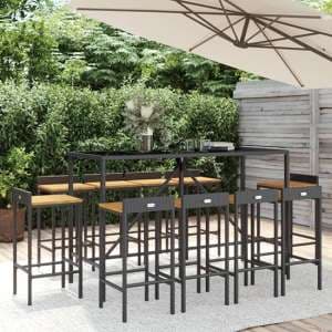 Denji Solid Wood 11 Piece Garden Bar Set In Black Poly Rattan
