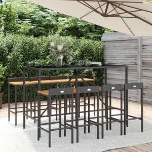 Denji Solid Wood 9 Piece Garden Bar Set In Black Poly Rattan