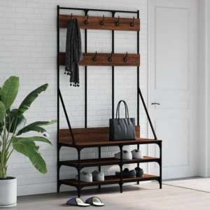 Denton Wooden Clothes Rack With Shoe Storage In Brown Oak - UK
