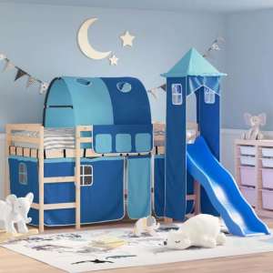 Destin Pinewood Kids Loft Bed In Natural With Blue Tower - UK