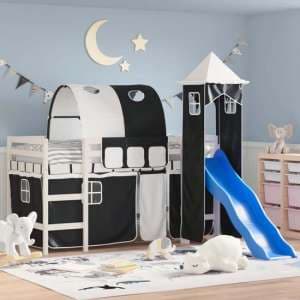 Destin Pinewood Kids Loft Bed In White With White Black Tower - UK
