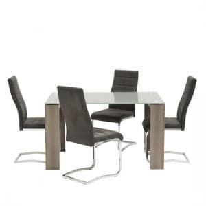 Devan Glass Dining Table Small In Grey With 4 Black Chairs - UK