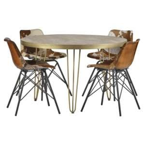 Dhort Round Dining Table In Natural With 4 Cowhide Catila Chairs