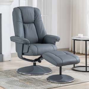 Dollis Leather Match Swivel Recliner Chair And Stool In Blue - UK