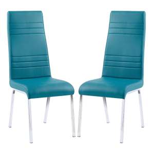 Dora Teal Faux Leather Dining Chairs With Chrome Legs In Pair