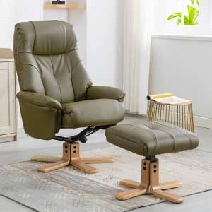 Dox Plush Swivel Recliner Chair And Stool In Olive Green - UK