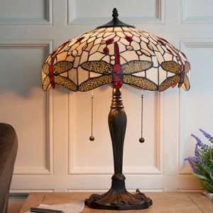 Dragonfly Beige Medium Tiffany Glass Table Lamp In Dark Bronze