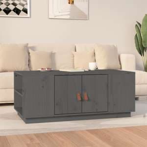 Drika Pinewood Coffee Table With 2 Doors And Shelves In Grey