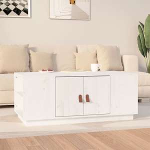 Drika Pinewood Coffee Table With 2 Doors And Shelves In White