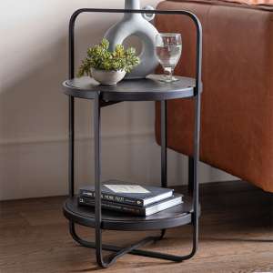 Dudley Round Wooden Side Table With Metal Frame In Black - UK
