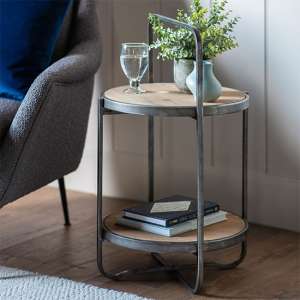 Dudley Round Wooden Side Table With Metal Frame In Natural - UK