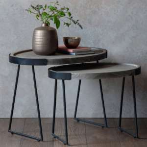Dulstan Round Wooden Nest Of 2 Tables With Black Metal Base