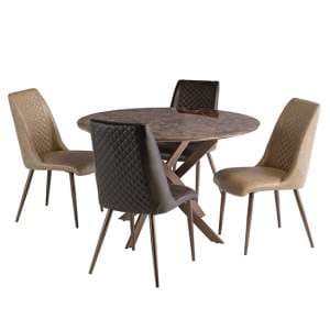 Dutton Marble Effect Glass Dining Table 4 Aalya Brown Chairs - UK