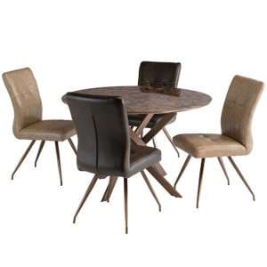 Dutton Marble Effect Glass Dining Table 4 Kalista Brown Chairs - UK