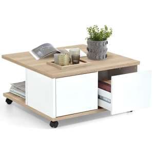 Duval Mobile High Gloss Coffee Table In Oak And White - UK