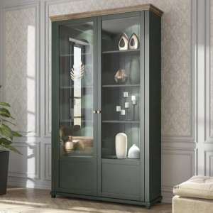 Eilat Wooden Display Cabinet Tall 2 Doors In Green With LED - UK