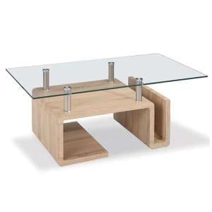 Eirian Clear Glass Coffee Table With Natural Wooden Base - UK