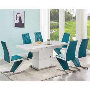 Elgin Convertible White Gloss Dining Table 6 Gia Teal Chairs