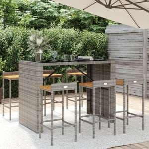 Elita Solid Wood 7 Piece Garden Bar Set In Grey Poly Rattan