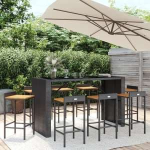 Elita Solid Wood 9 Piece Garden Bar Set In Black Poly Rattan