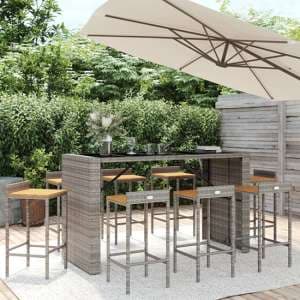 Elita Solid Wood 9 Piece Garden Bar Set In Grey Poly Rattan