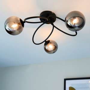Ellipse 3 Lights Smoked Glass Shades Ceiling Light In Black - UK