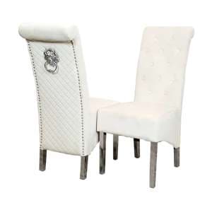 Elmira Lion Knocker Cream Velvet Dining Chairs In Pair
