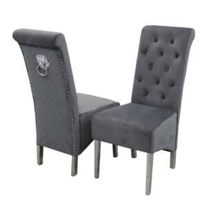 Elmira Lion Knocker Dark Grey Velvet Dining Chairs In Pair