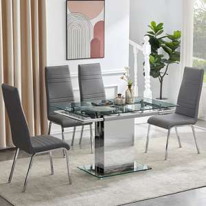 Enke Extending Clear Glass Dining Table With 4 Dora Grey Chairs