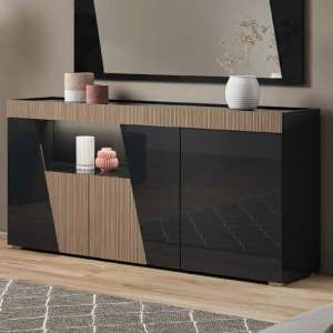 Enna High Gloss Sideboard In Black With 3 Doors And LED - UK