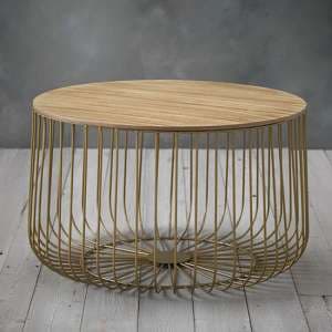 Enzi Large Wooden Coffee Table With Gold Cage Frame In Oak