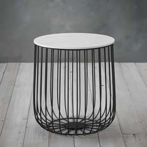 Enzi Small Marble Effect Coffee Table With Black Cage Frame In White
