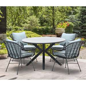 Ezra Grey Teak Dining Table Small Round With 4 Mint Grey Chairs - UK