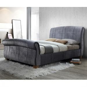 Waverly Sleigh King Size Bed In Grey Velvet With Wooden Legs - UK